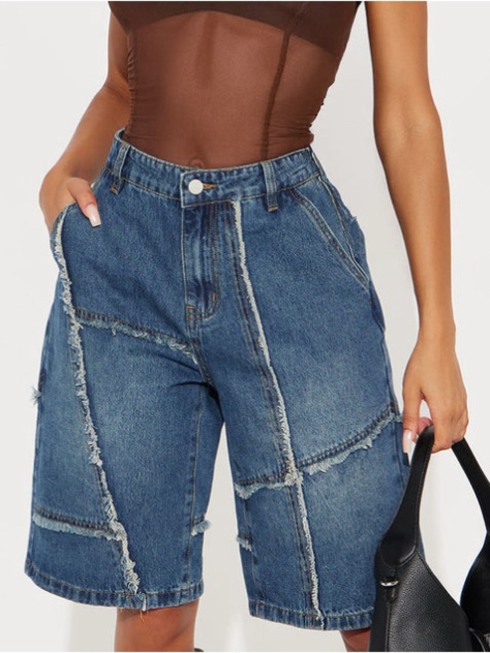 High-Rise Patchwork Bermuda Jeans - Blue